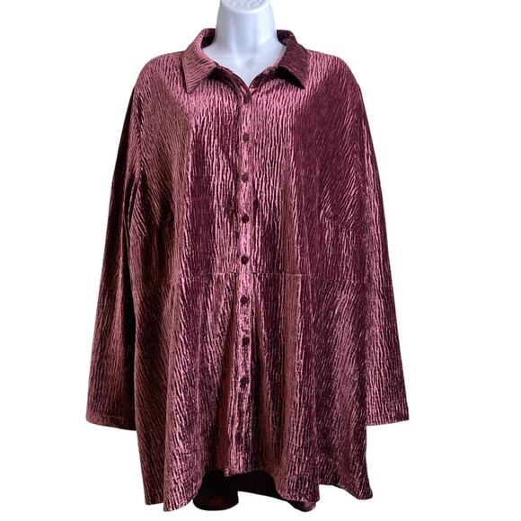 Coldwater Creek Purple Crinkled Velvet Tunic Top Size 2X Flowy Regal Button Up - Picture 1 of 12